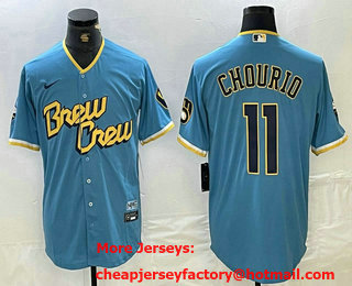 Men's Milwaukee Brewers #11 Jackson Chourio Blue 2022 City Connect Cool Base Stitched Jersey
