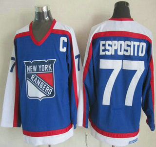 New York Rangers #77 Phil Esposito Light Blue With White CCM Vintage Throwback Jersey