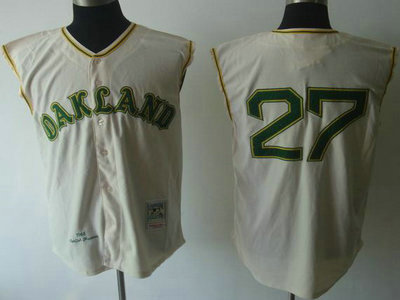 Oakland Athletics 27 Catfish Hunter Cream 1968 Throwback Vest Jerseys