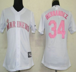 Seattle Mariners #34 Hernandez White With Pink Womens Jersey