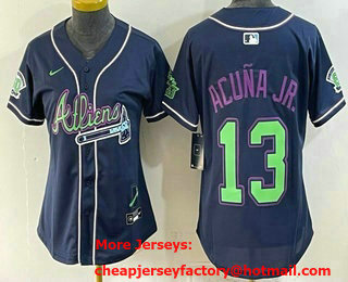 Women's Atlanta Braves #13 Ronald Acuna Jr Navy Galaxy With Outkast Patch Vapor Limited Stitched Jersey