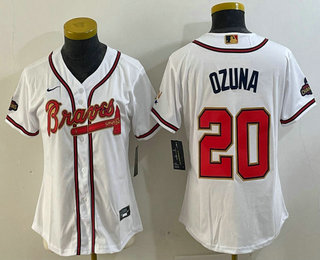 Women's Atlanta Braves #20 Marcell Ozuna White Gold World Series Champions Cool Base Stitched Jersey