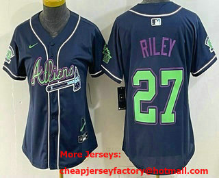 Women's Atlanta Braves #27 Austin Riley Navy Galaxy With Outkast Patch Vapor Limited Stitched Jersey
