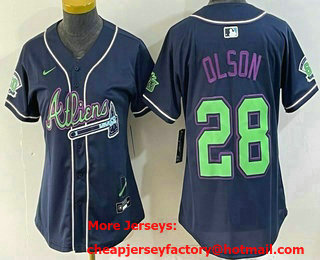 Women's Atlanta Braves #28 Matt Olson Navy Galaxy With Outkast Patch Vapor Limited Stitched Jersey