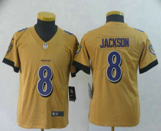 Women's Baltimore Ravens #8 Lamar Jackson Gold 2019 Inverted Legend Stitched NFL Nike Limited Jersey