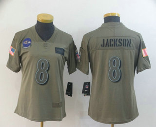 Women's Baltimore Ravens #8 Lamar Jackson NEW Olive 2019 Salute To Service Stitched NFL Nike Limited Jersey