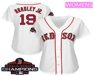 Women's Boston Red Sox #19 Jackie Bradley Jr. White 2018 MLB World Series Champions Patch Home Stitched MLB Majestic Cool Base Jersey