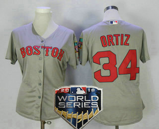Women's Boston Red Sox #34 David Ortiz Gray Road 2018 World Series Patch Stitched MLB Cool Base Jersey with Retirement Patch