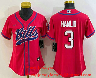 Women's Buffalo Bills #3 Damar Hamlin Red With Patch Cool Base Stitched Baseball Jersey