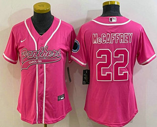 Women's Carolina Panthers #22 Christian McCaffrey Pink With Patch Cool Base Stitched Baseball Jersey