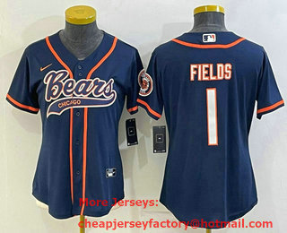 Women's Chicago Bears #1 Justin Fields Navy With Patch Cool Base Stitched Baseball Jersey