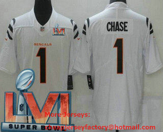 Women's Cincinnati Bengals #1 JaMarr Chase White 2022 Super Bowl LVI Vapor Untouchable Stitched Limited Jersey