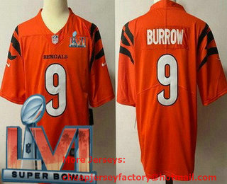 Women's Cincinnati Bengals #9 Joe Burrow Orange 2022 Super Bowl LVI Vapor Untouchable Stitched Limited Jersey