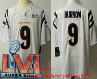 Women's Cincinnati Bengals #9 Joe Burrow White 2022 Super Bowl LVI Vapor Untouchable Stitched Limited Jersey