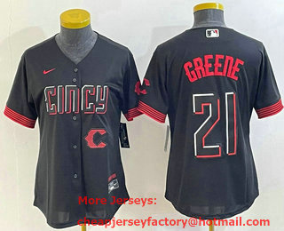 Women's Cincinnati Reds #21 Hunter Greene Black 2023 City Connect Cool Base Stitched Jersey 02