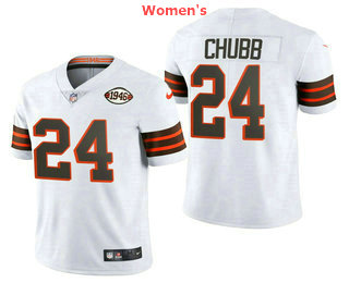 Women's Cleveland Browns #24 Nick Chubb 75TH Patch White 2021 Vapor Untouchable Stitched NFL Nike Limited Jersey