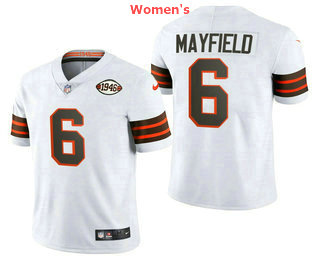 Women's Cleveland Browns #6 Baker Mayfield 75TH Patch White 2021 Vapor Untouchable Stitched NFL Nike Limited Jersey
