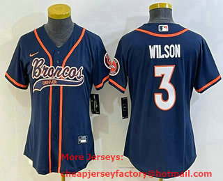 Women's Denver Broncos #3 Russell Wilson Navy Blue With Patch Cool Base Stitched Baseball Jersey