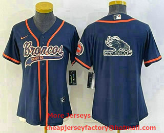 Women's Denver Broncos Navy Team Big Logo With Patch Cool Base Stitched Baseball Jersey