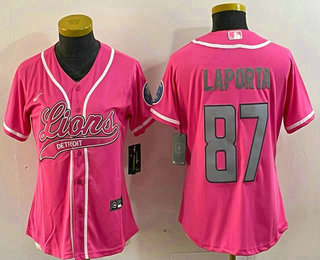 Women's Detroit Lions #87 Sam Laporta Pink With Patch Cool Base Stitched Baseball Jersey