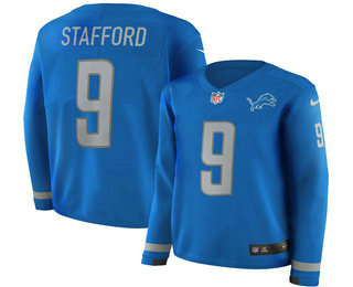 Women's Detroit Lions #9 Matthew Stafford Light Blue Therma Long Sleeve Limited Jersey