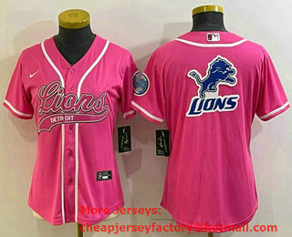 Women's Detroit Lions Pink Team Big Logo With Patch Cool Base Stitched Baseball Jersey