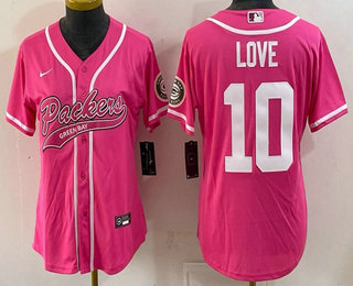 Women's Green Bay Packers #10 Jordan Love Pink With Patch Cool Base Stitched Baseball Jersey