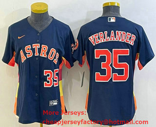 Women's Houston Astros #35 Justin Verlander Number Navy Blue With Patch Stitched MLB Cool Base Nike Jersey