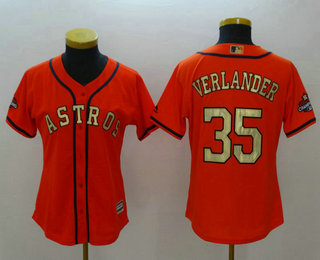 Women's Houston Astros #35 Justin Verlander Orange with Gold Cool Base Stitched 2017 World Series Champions Patch Jersey