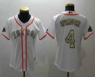 Women's Houston Astros #4 George Springer White with Gold Home Majestic Cool Base Stitched 2017 World Series Champions Patch Jersey