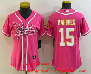 Women's Kansas City Chiefs #15 Patrick Mahomes Pink White With Patch Cool Base Stitched Baseball Jersey