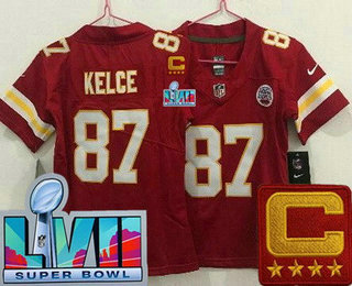 Women's Kansas City Chiefs #87 Travis Kelce Limited Red C Patch Super Bowl LVII Vapor Jersey