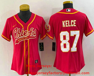 Women's Kansas City Chiefs #87 Travis Kelce Red Stitched Cool Base Nike Baseball Jersey