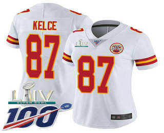Women's Kansas City Chiefs #87 Travis Kelce White 2020 Super Bowl LIV Vapor Untouchable Stitched NFL Nike Limited Jersey