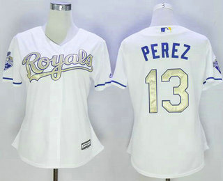 Women's Kansas City Royals #13 Salvador Perez White 2015 World Series Champions Gold Program Cool Base Jersey