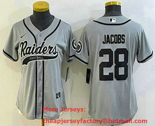Women's Las Vegas Raiders #28 Josh Jacobs Grey With Patch Cool Base Stitched Baseball Jersey