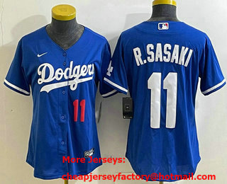 Women's Los Angeles Dodgers #11 Roki Sasaki Number Blue Cool Base Stitched Jersey