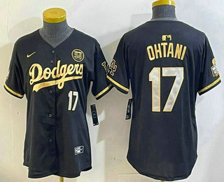 Women's Los Angeles Dodgers #17 Shohei Ohtani Black Gold 2024 World Series 34 Patch Stitched Cool Base Jersey 11