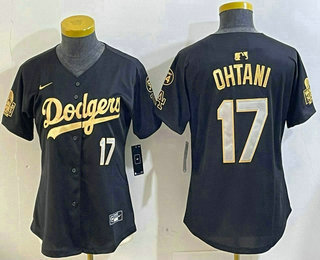Women's Los Angeles Dodgers #17 Shohei Ohtani Black Gold 2024 World Series 34 Patch Stitched Cool Base Jersey