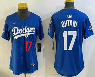 Women's Los Angeles Dodgers #17 Shohei Ohtani Blue 2024 World Series Champions Fernando 34 Patch Limited Jersey