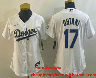 Women's Los Angeles Dodgers #17 Shohei Ohtani White Gold Championship Stitched Cool Base Nike Jersey