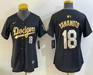 Women's Los Angeles Dodgers #18 Yoshinobu Yamamoto Number Black Gold Stitched Jersey