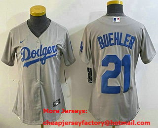 Women's Los Angeles Dodgers #21 Walker Buehler Grey Stitched Cool Base Nike Jersey
