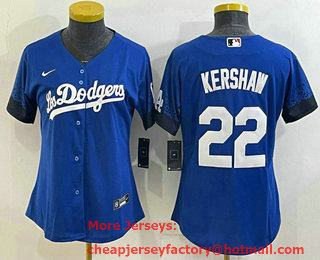 Women's Los Angeles Dodgers #22 Clayton Kershaw Blue 2021 City Connect Cool Base Stitched Jersey