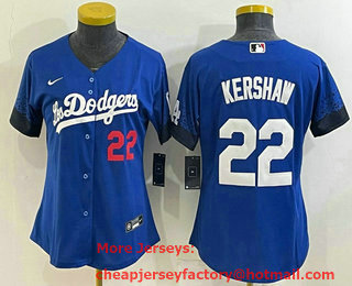 Women's Los Angeles Dodgers #22 Clayton Kershaw Blue 2021 City Connect Number Cool Base Stitched Jersey