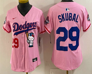 Women's Los Angeles Dodgers #29 Tarik Skubal Pink Hello Kitty Night 2025 World Series Champions Patch Stitched Jersey