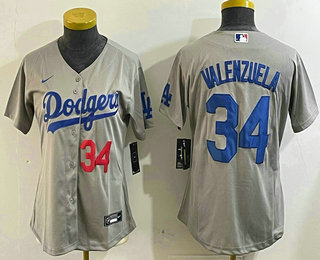 Women's Los Angeles Dodgers #34 Fernando Valenzuela Number Grey Cool Base Stitched Jersey