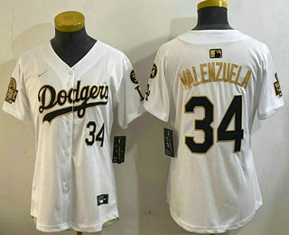 Women's Los Angeles Dodgers #34 Fernando Valenzuela Number White Gold 2024 World Series Limited Fashion Stitched Jersey