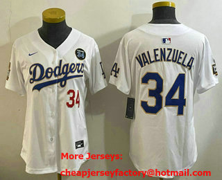 Women's Los Angeles Dodgers #34 Fernando Valenzuela Number White Gold 2024 World Series Stitched Jersey