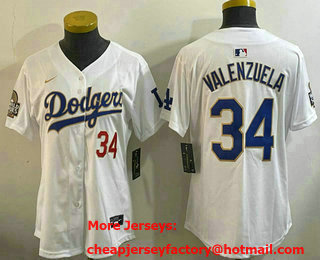 Women's Los Angeles Dodgers #34 Fernando Valenzuela White Gold 2024 World Series Limited Jersey